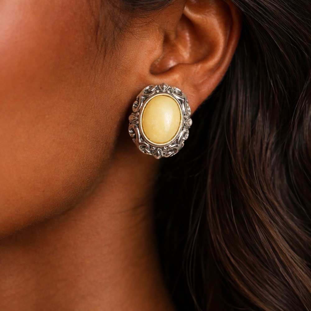 Filigree Clip On Earrings‎ Yellow Cabochon Silver Tone Vintage Style Statement